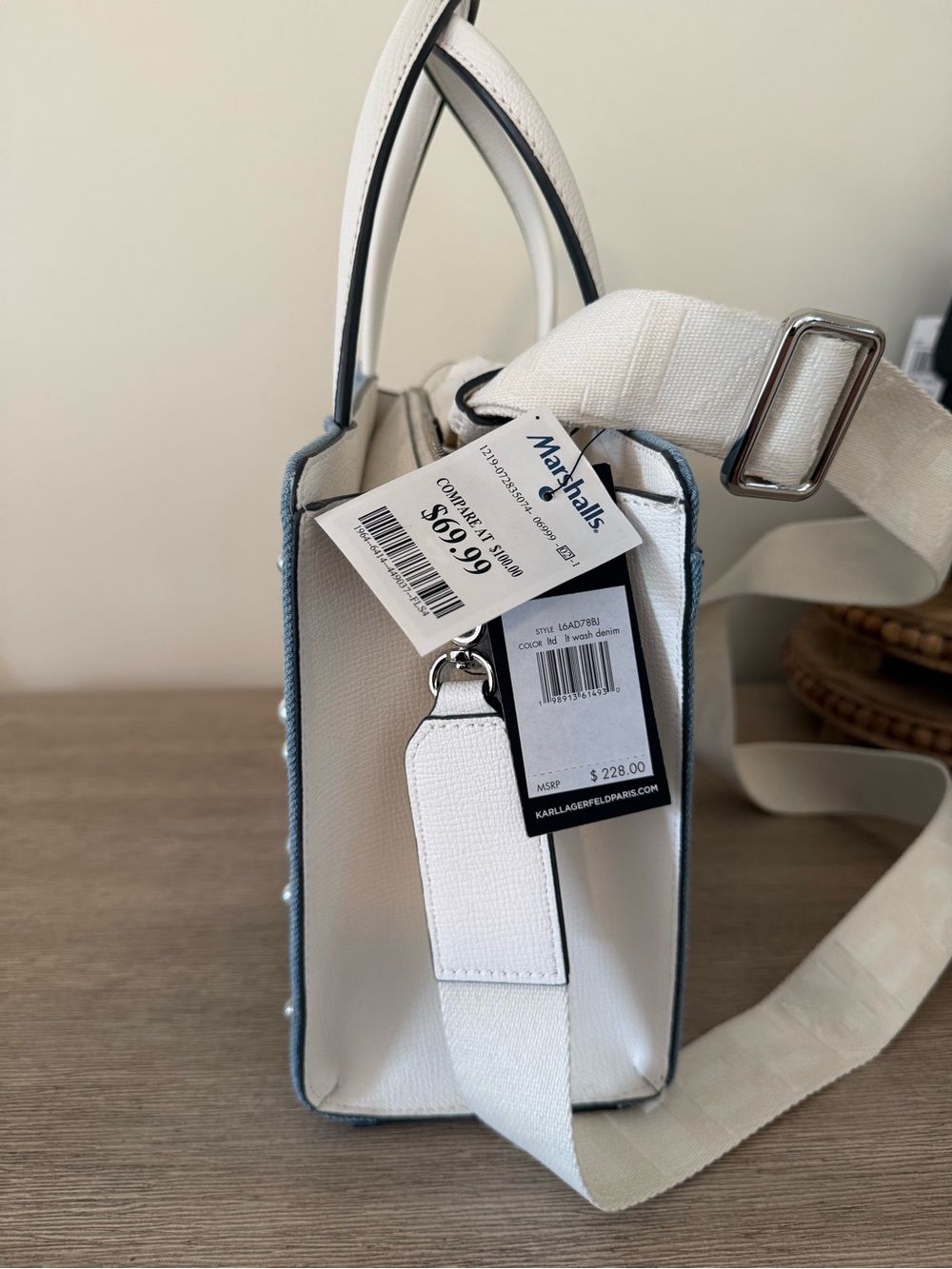 Karl Lagerfeld Denim Satchel with Pearl Stud Accents and White Handles - Picture 2 of 5